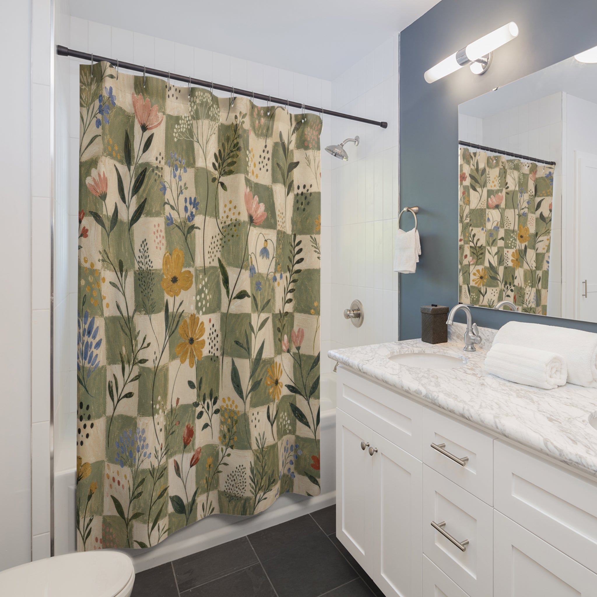 Sage Botanical Patchwork Shower Curtain