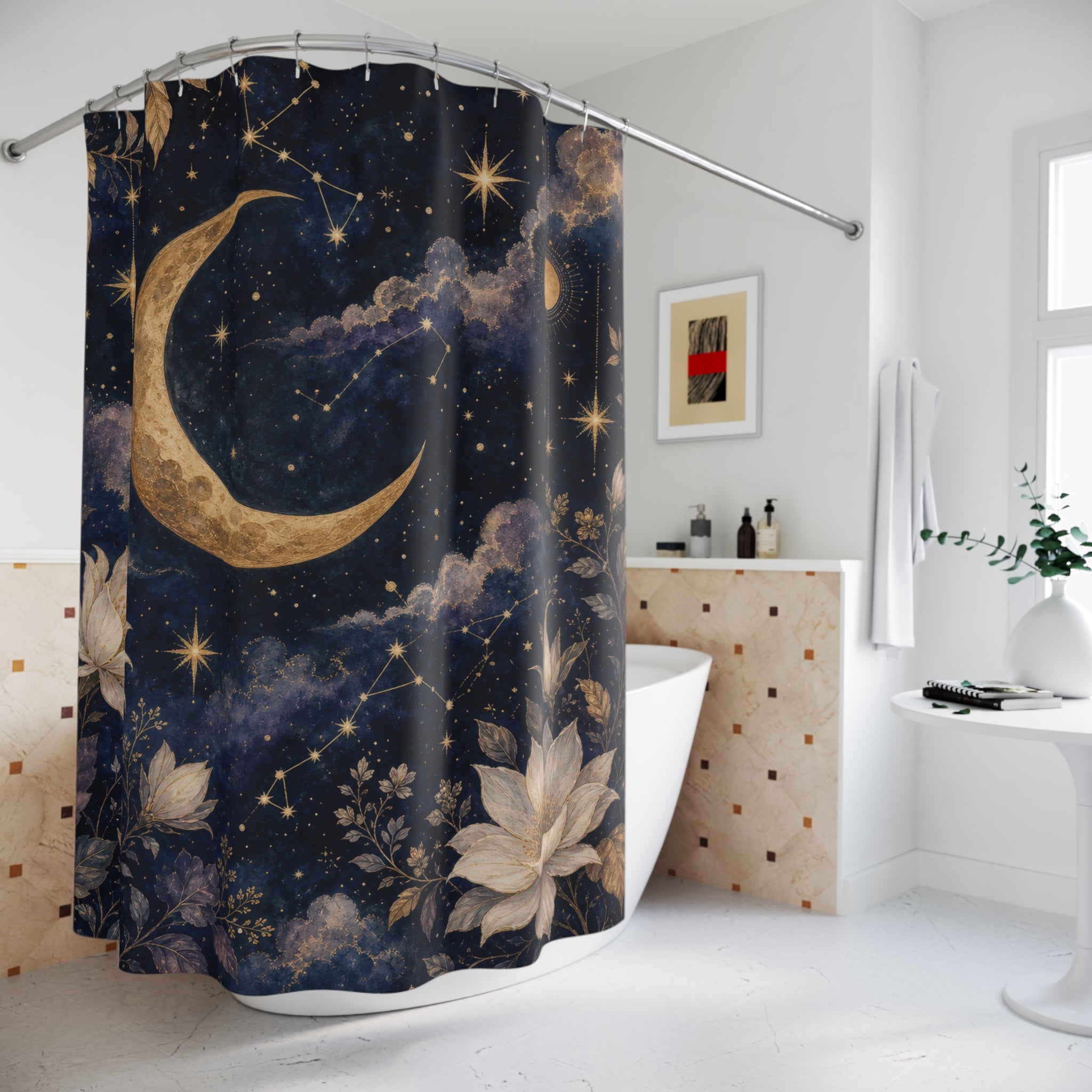 Celestial Shower Curtain: Moon Stars Floral Pattern