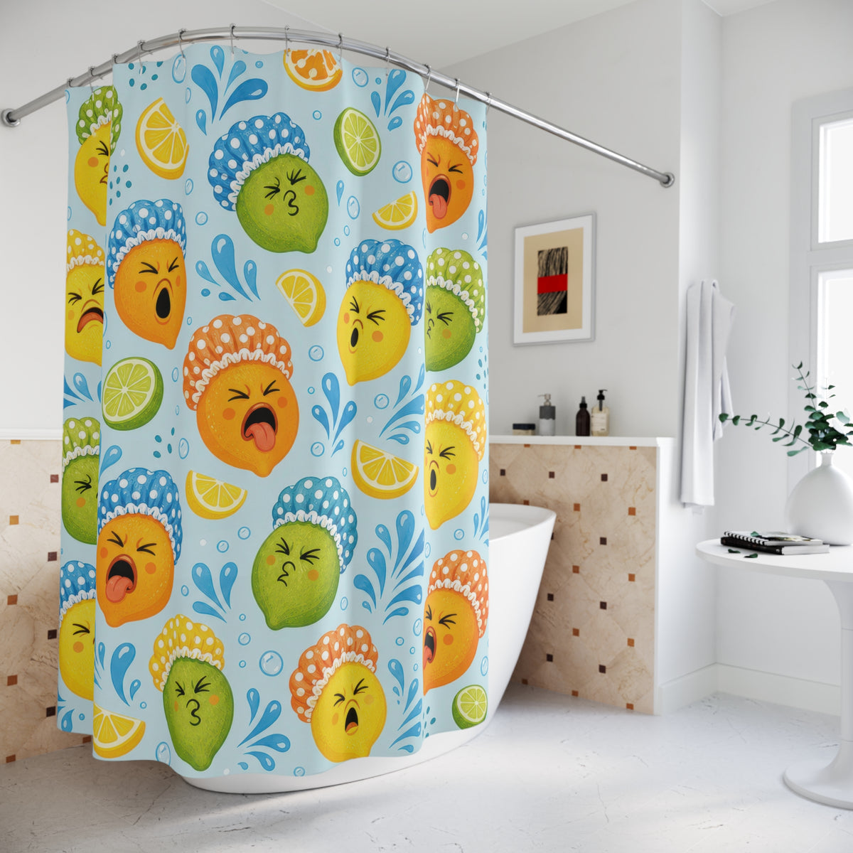 Citrus Face Splash funny pattern shower curtain beside a freestanding tub