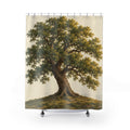 Olive green oak tree on cream shower curtain with full front view