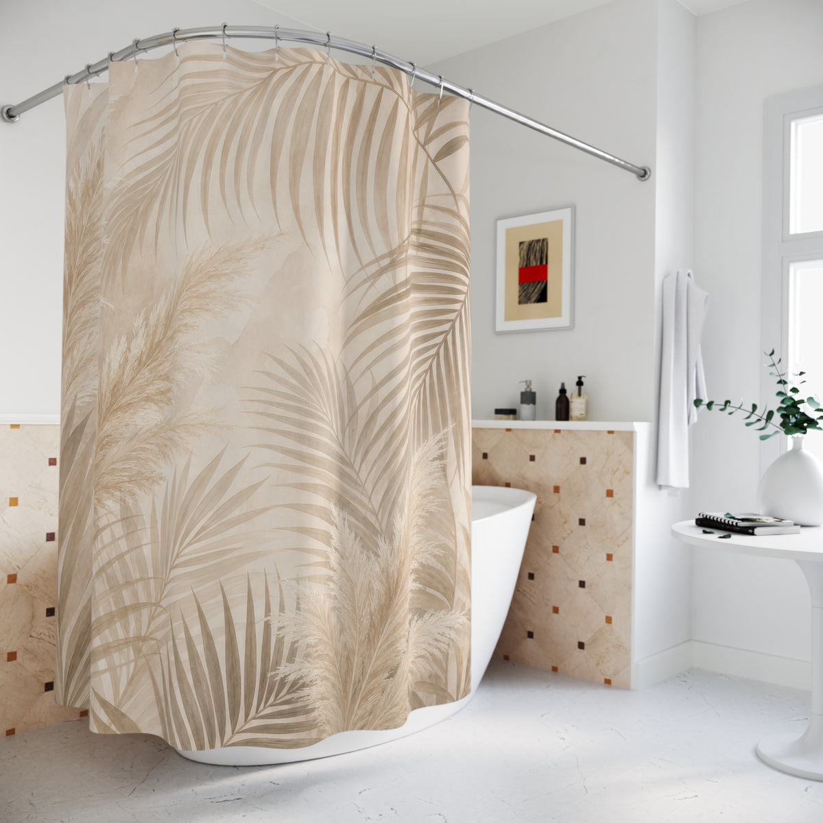 Beige Palm Pampas Leaf Shower Curtain