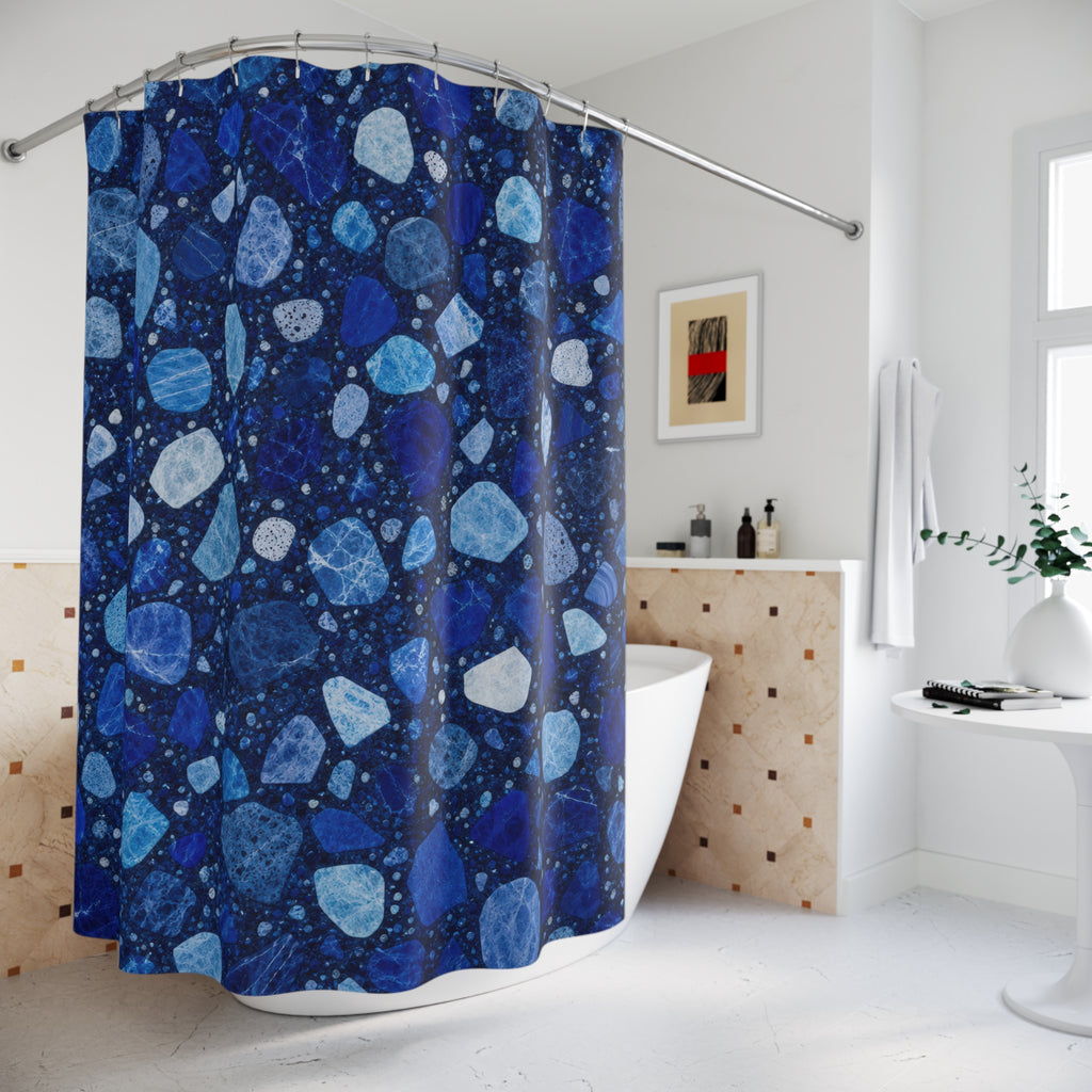 Blue Terrazzo Shower Curtain, Navy Blue Modern Bathroom Decor, Terrazzo Pattern Bath Curtain, Guest Bath Decor, Small Bathroom Decor