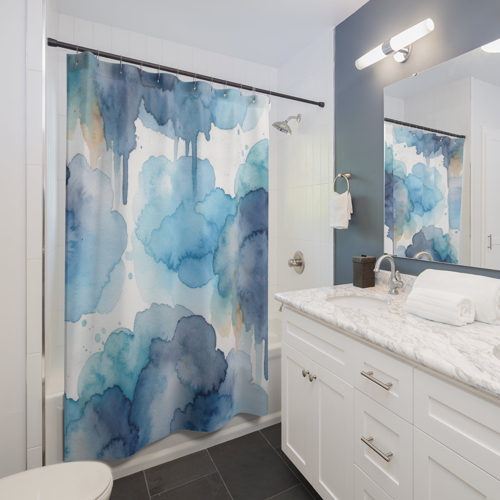Blue Watercolor Ink Wash Shower Curtain