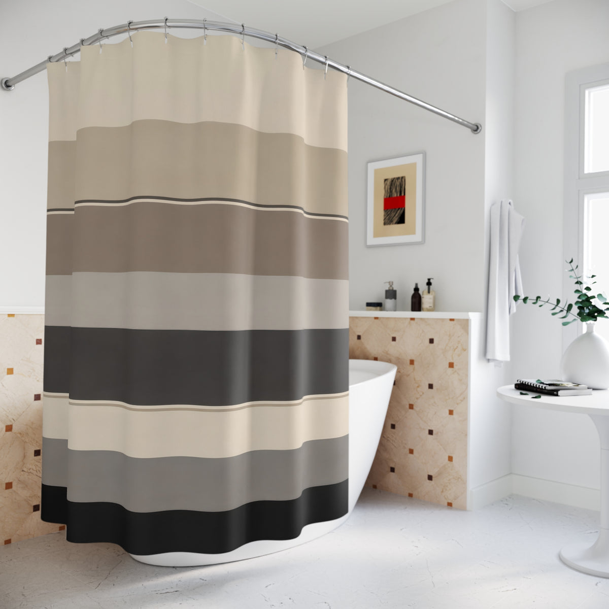 Wide horizontal stripes in cream oatmeal taupe gray and charcoal shower curtain beside a freestanding tub