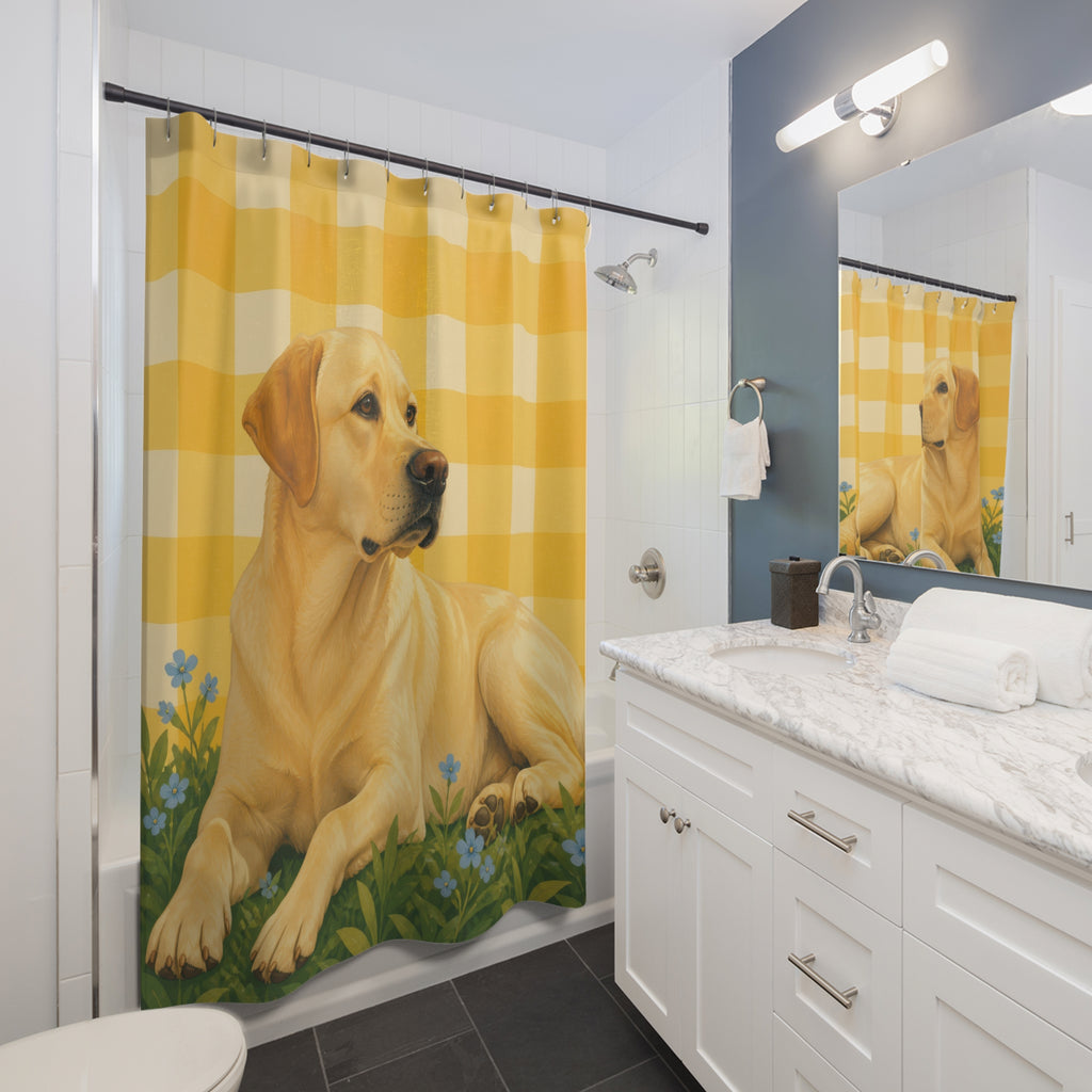 Reclining yellow Labrador on sunny gingham meadow shower curtain beside a white vanity
