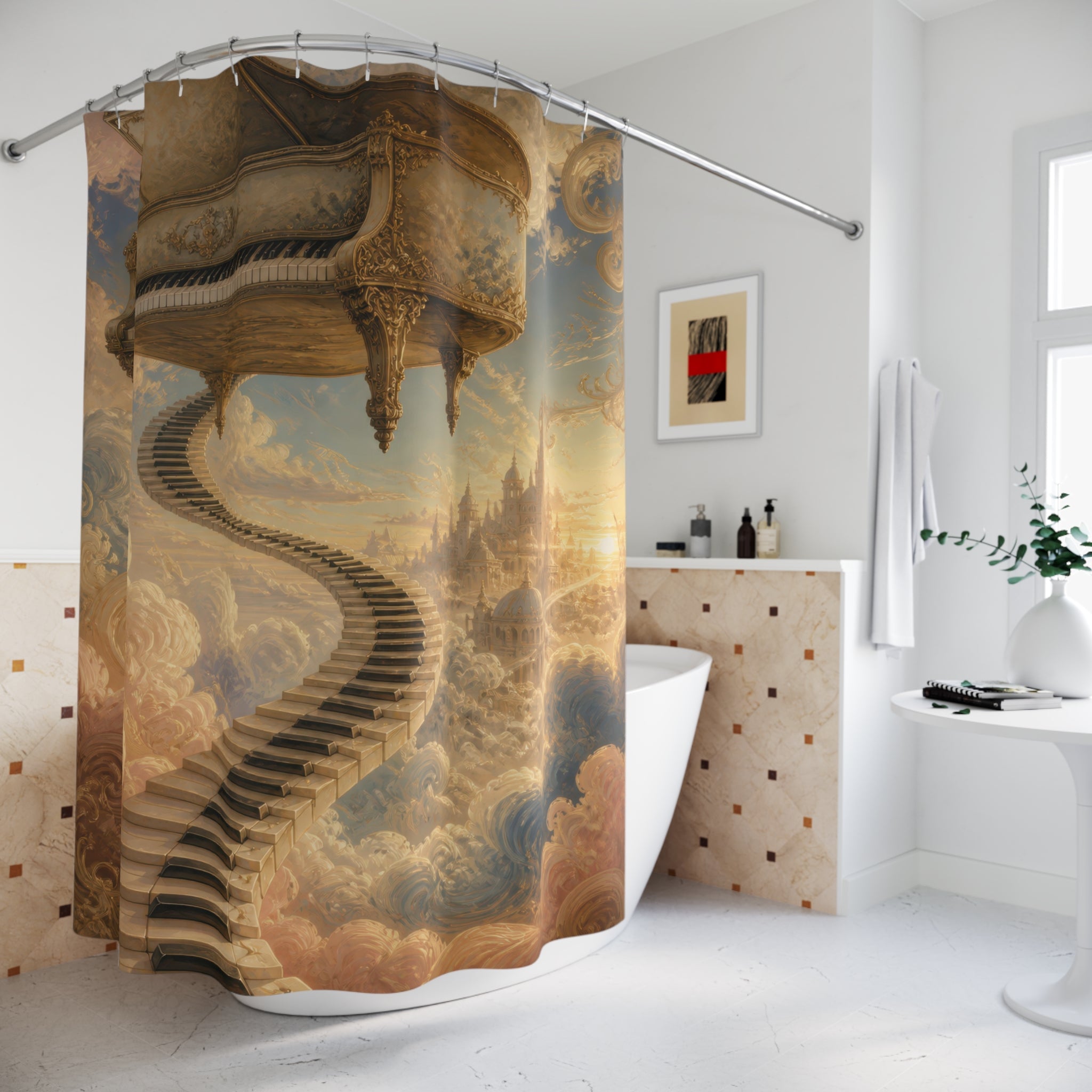 Floating piano above a keyboard stairway shower curtain beside a freestanding tub
