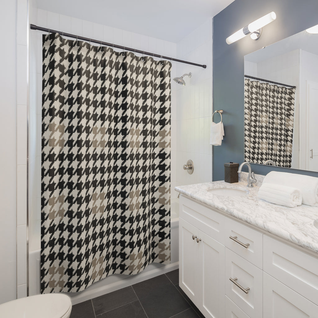 Black Houndstooth Shower Curtain, Classic Check Bath Decor, Warm Off White Geometric Pattern, Modern Neutral Guest Bathroom Style Decor