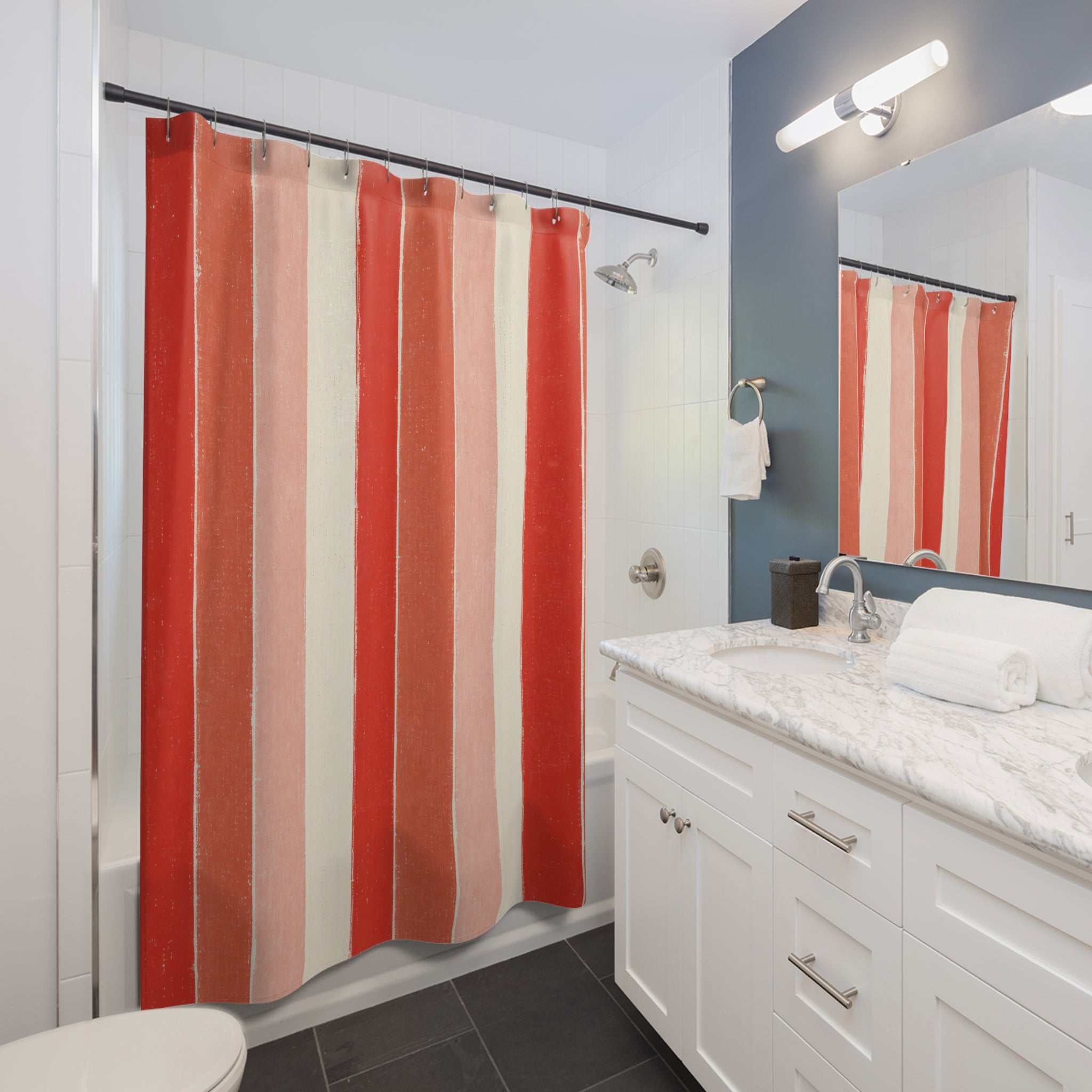 Tomato Red Block Print Shower Curtain, Tomato Red Modern Bathroom Decor, Modern Stripe Bath Curtain, Guest Bath Decor, Small Bathroom Decor
