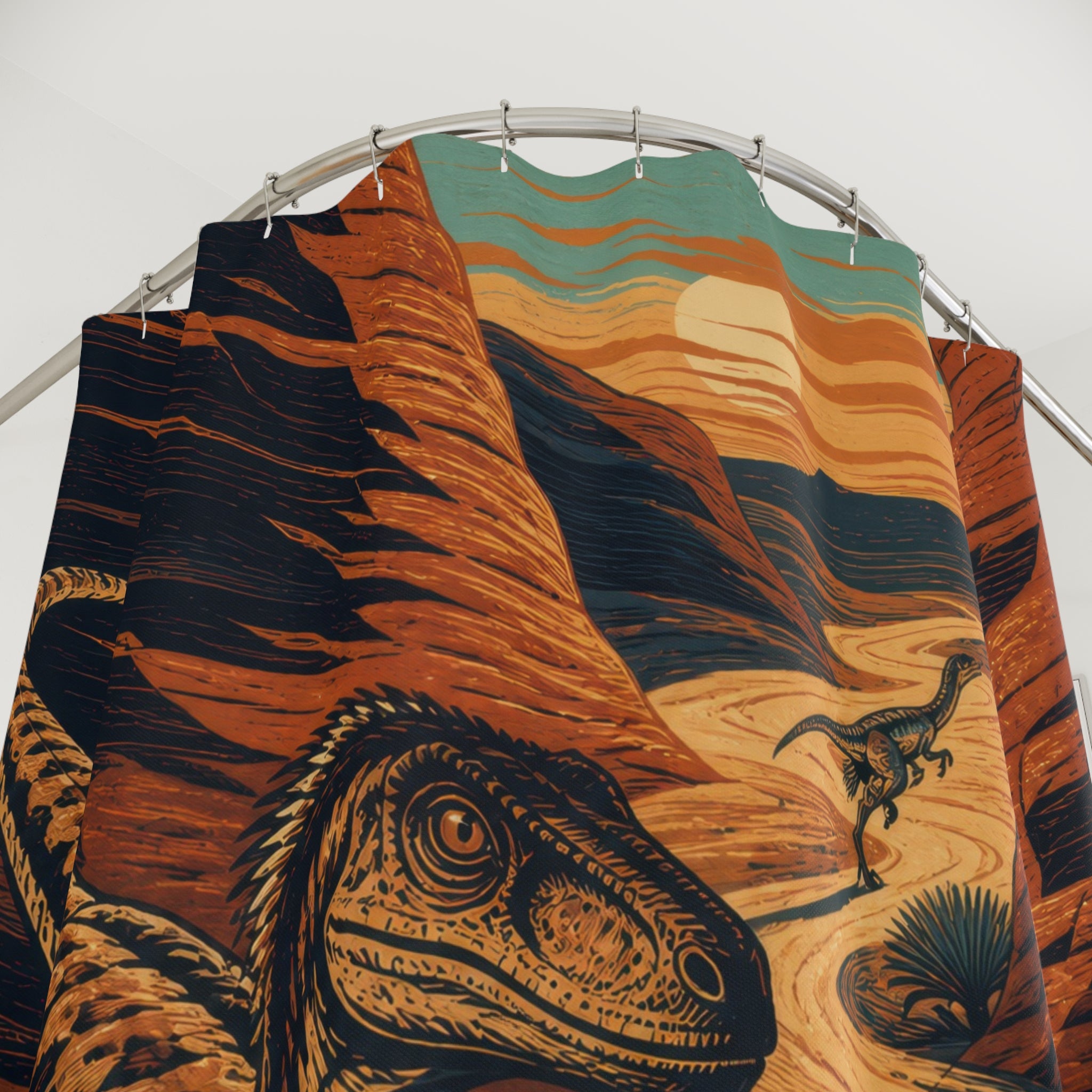 Retro Orange Teal Velociraptor shower curtain with close-up print, hooks, and folds
