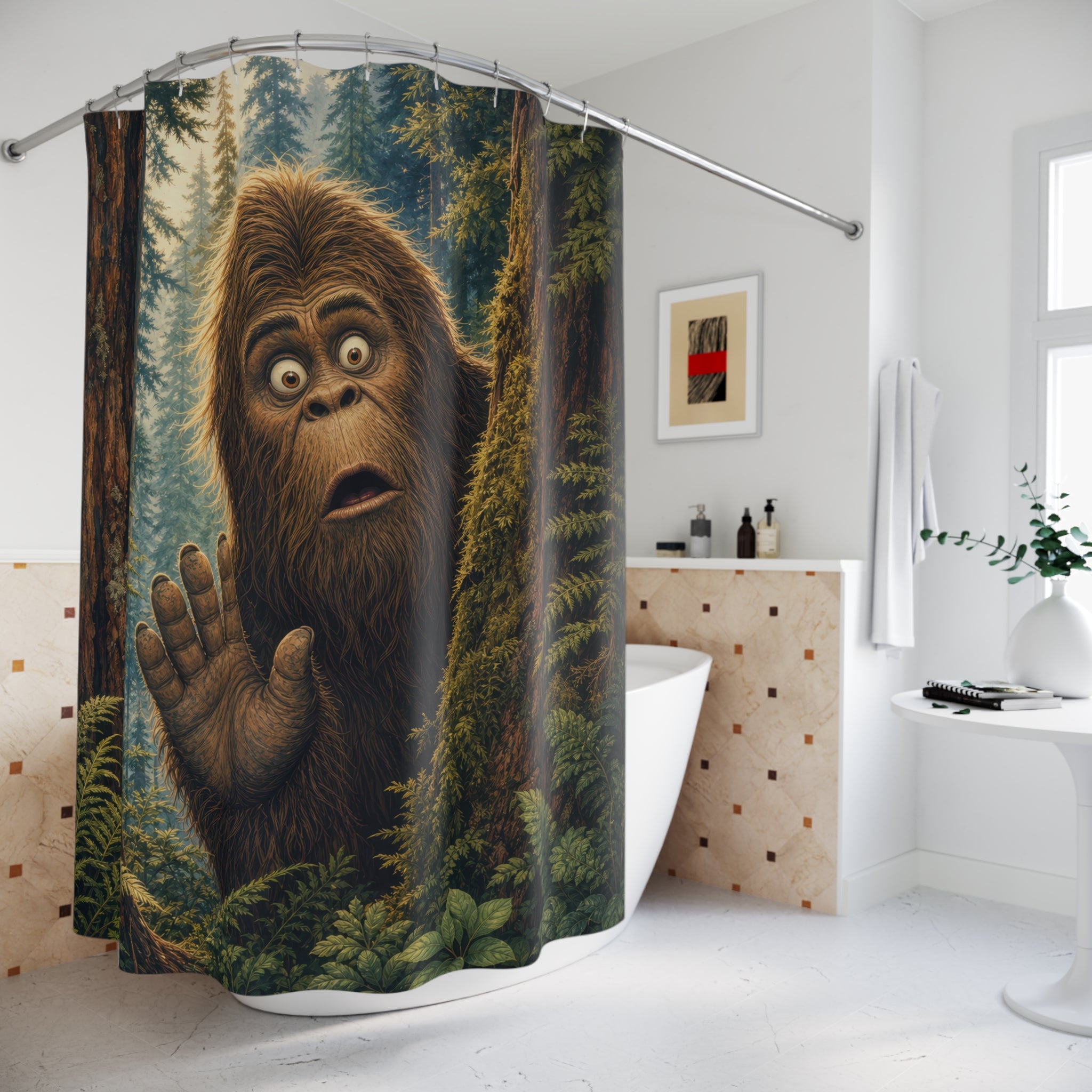 Unique Funny Bigfoot Shower Curtain, Forest Cryptid Creature Art, Redwood Bathroom Humor, Cabin Powder Room Guest Bath Decor Gift For Home