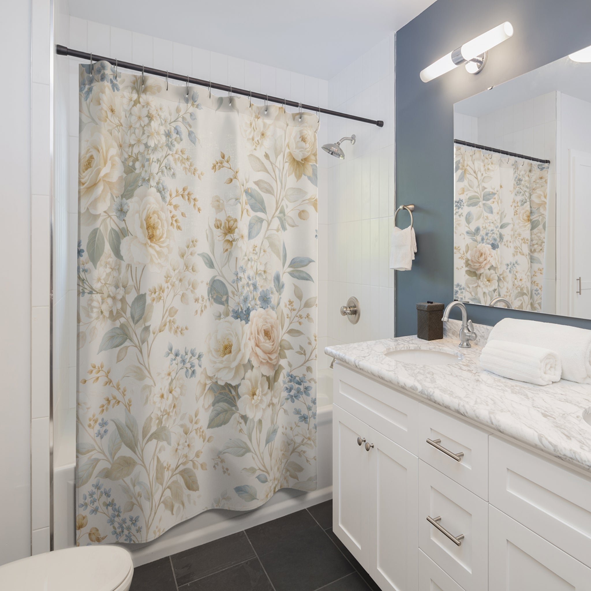 Vintage Floral Shower Curtain – Blue and Beige