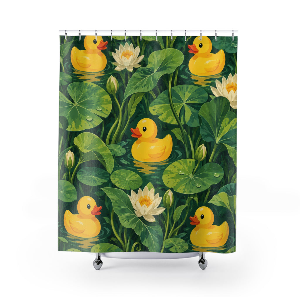 Rubber ducks among green lily pads and white water lilies shower curtain with full front view