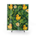 Rubber ducks among green lily pads and white water lilies shower curtain with full front view
