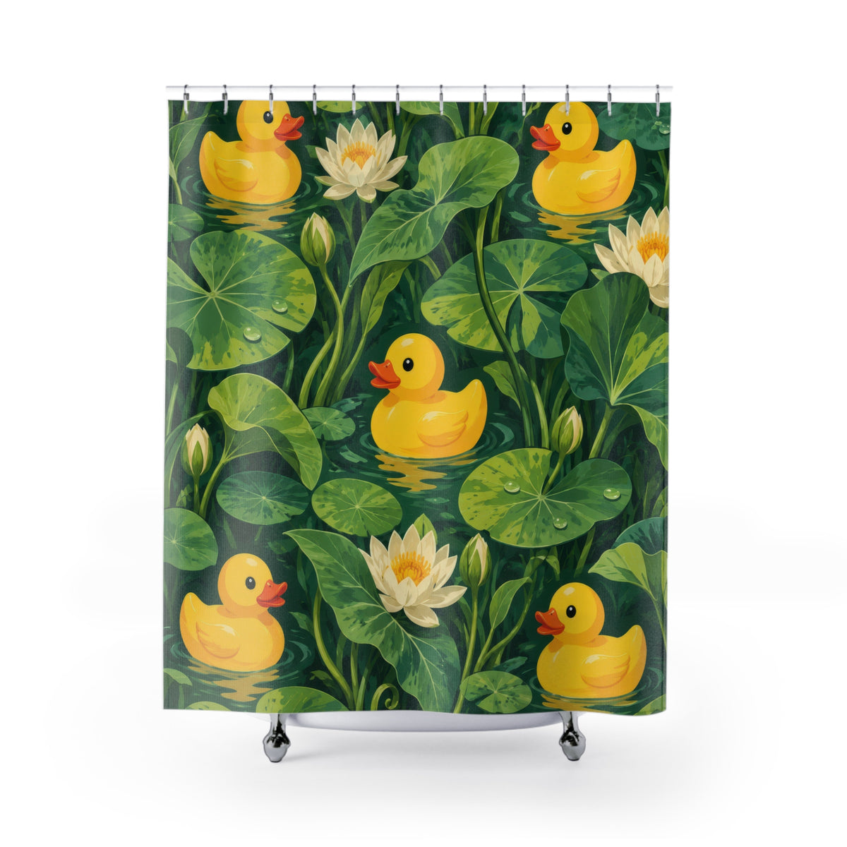 Rubber ducks among green lily pads and white water lilies shower curtain with full front view