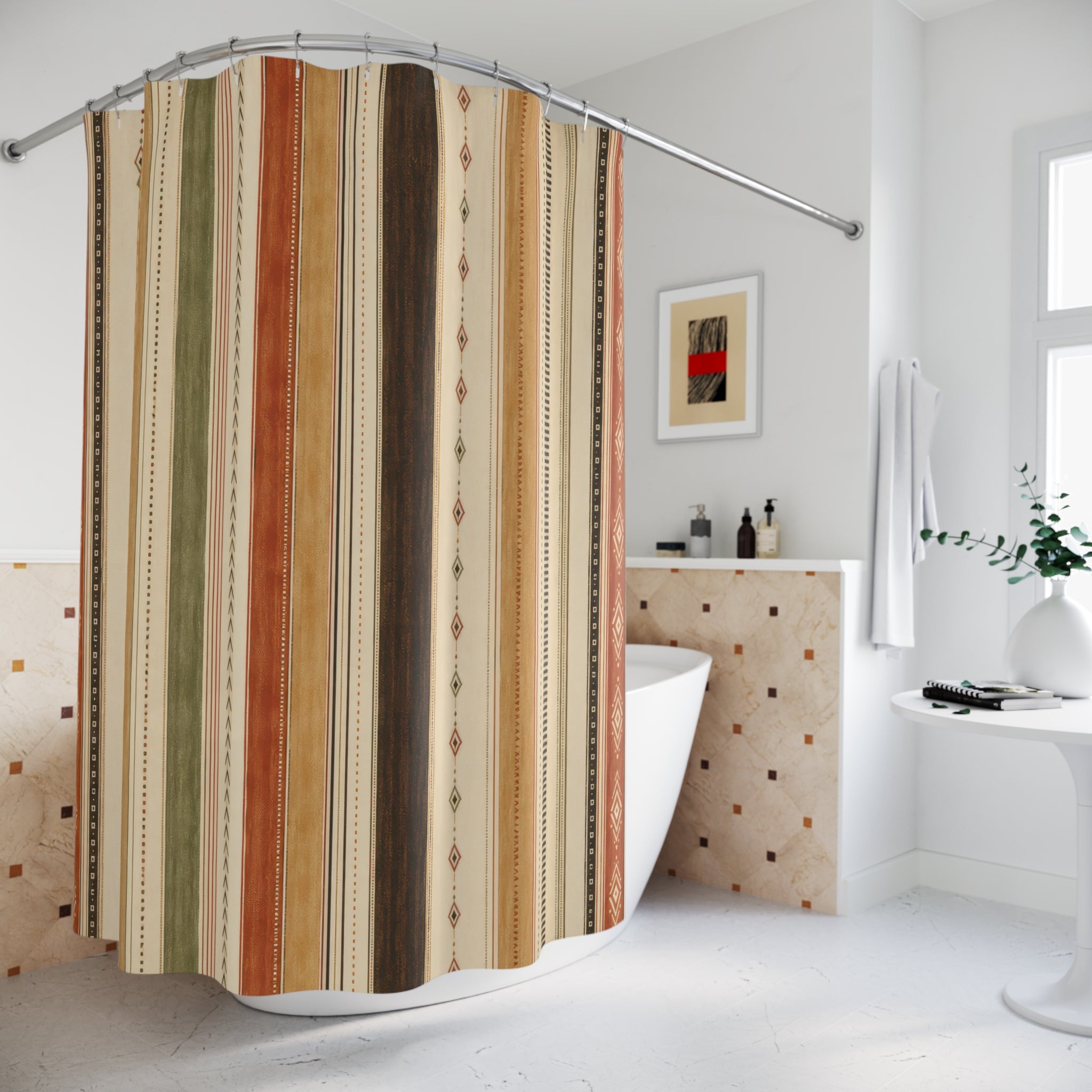 Beige Olive Terracotta Fine Stripe Shower Curtain