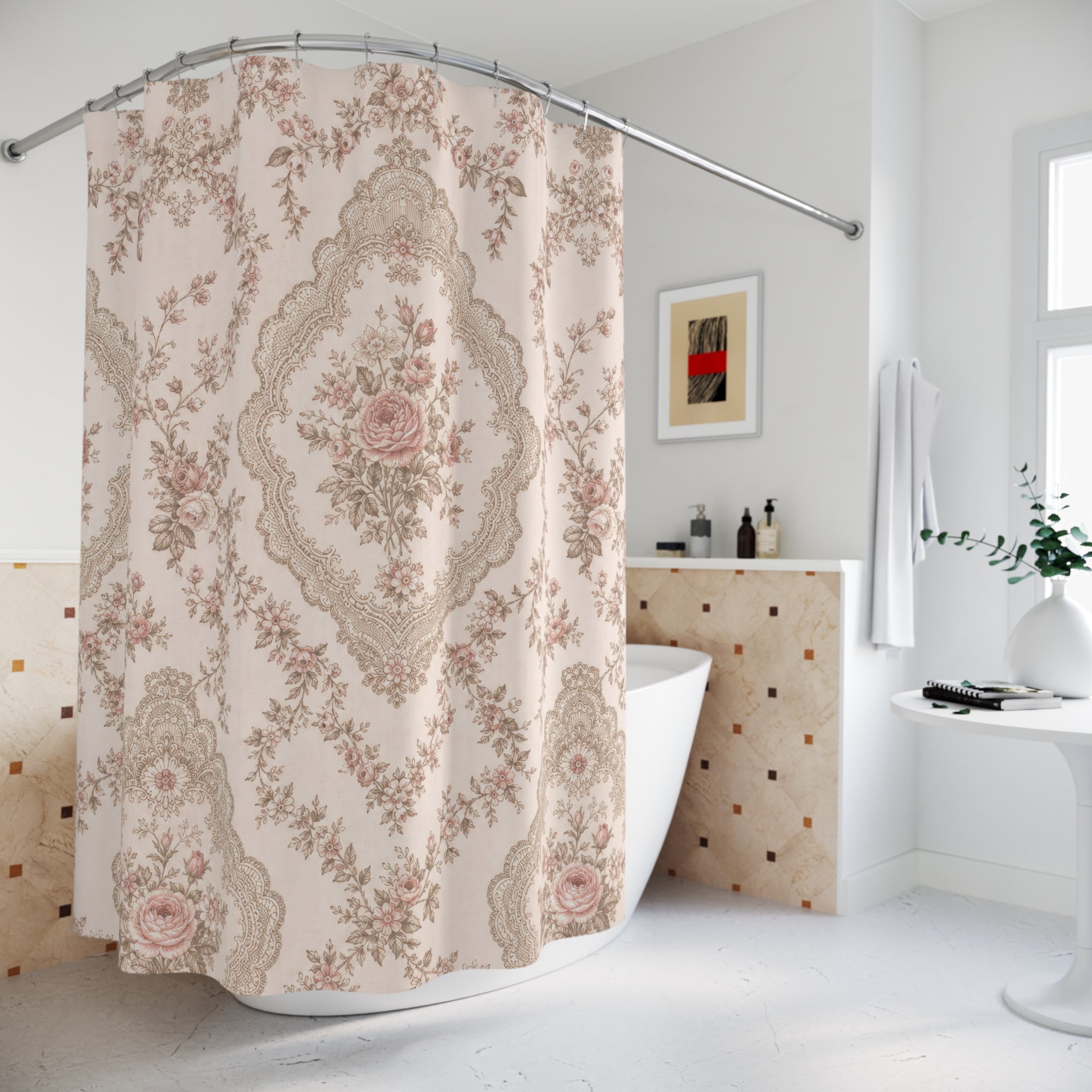Pink Vintage Floral Medallion Shower Curtain