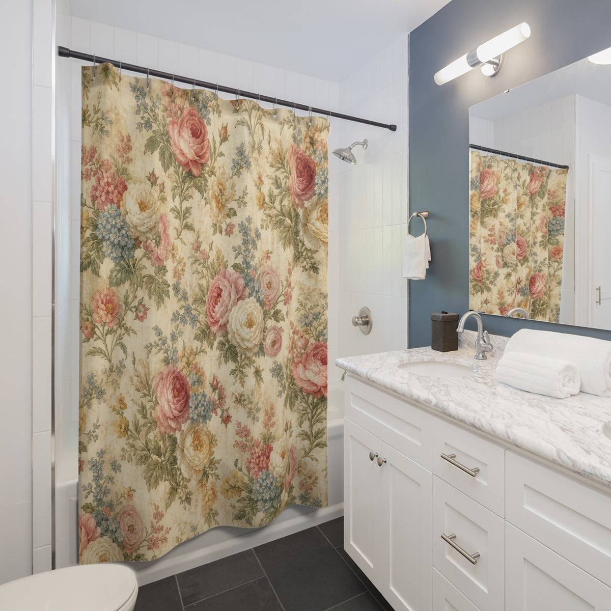 Rose Bouquet vintage floral pattern shower curtain beside a white vanity