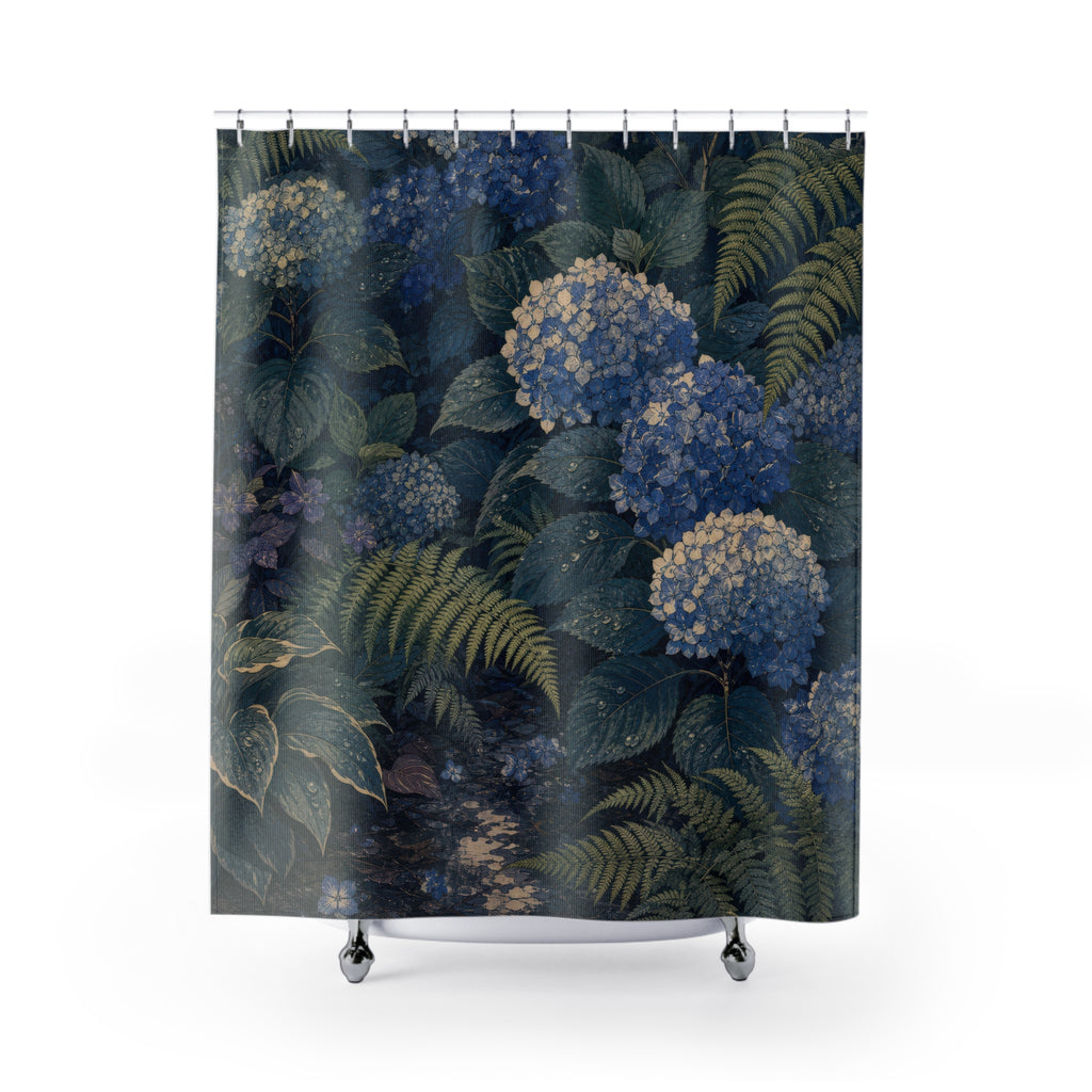Woodblock Hydrangea Fern Garden Shower Curtain