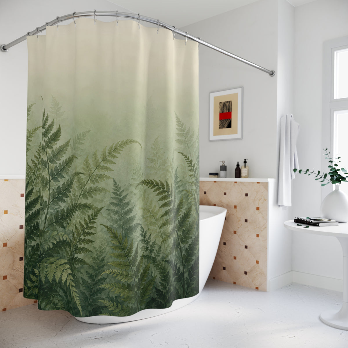 Sage and forest green ferns fading into ivory mist shower curtain beside a freestanding tub