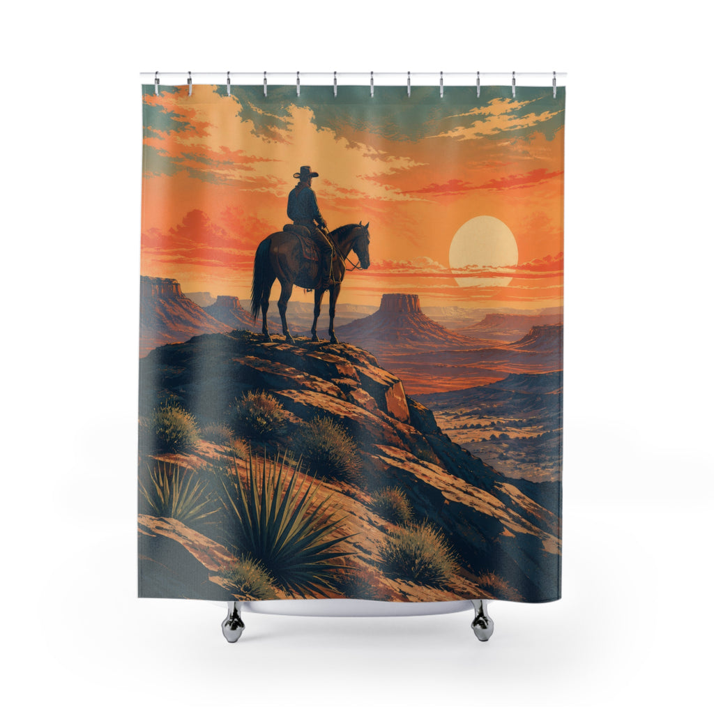 Cowboy riding a horse across a sunset desert ridge shower curtain with full front view