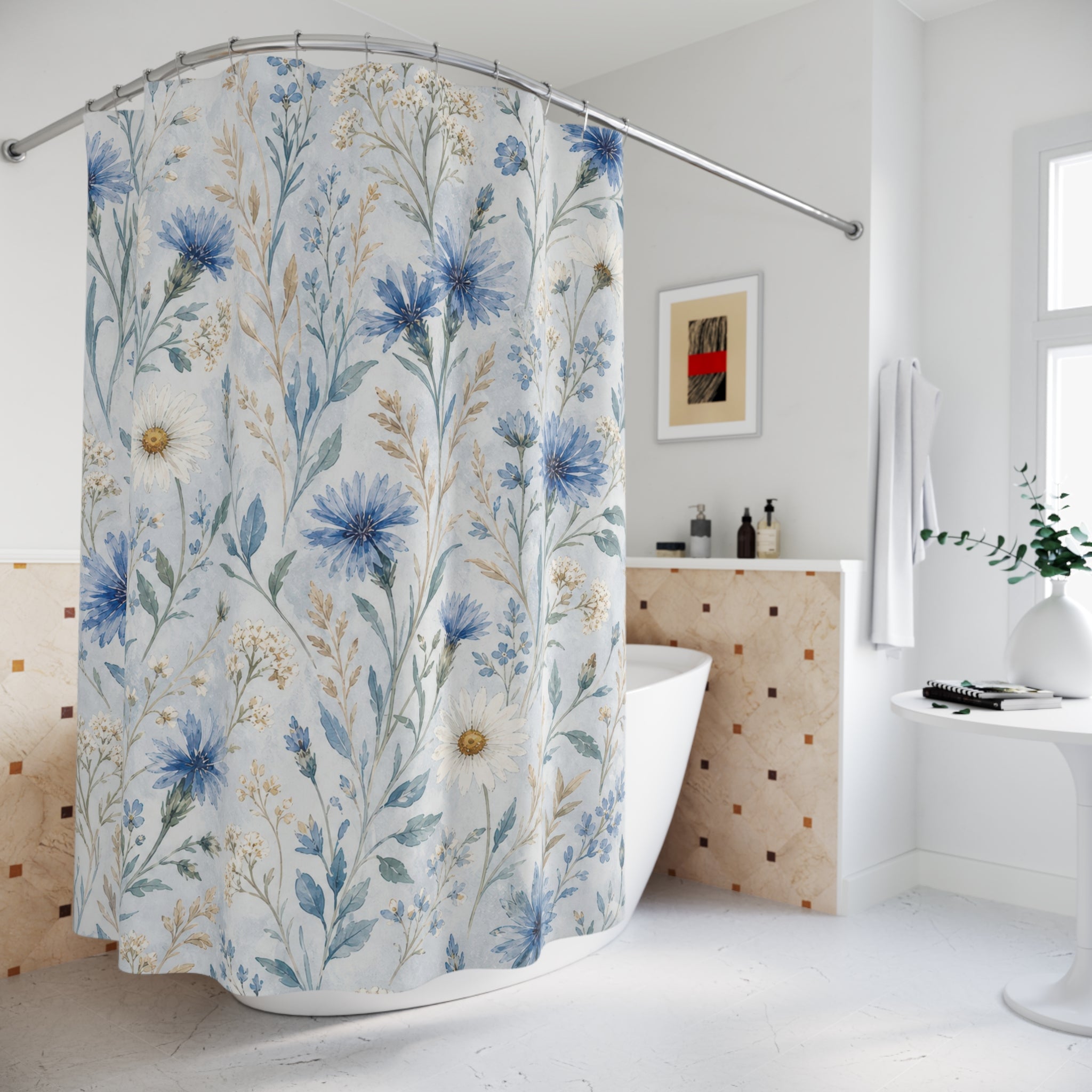 Cornflower Daisy Watercolor Shower Curtain