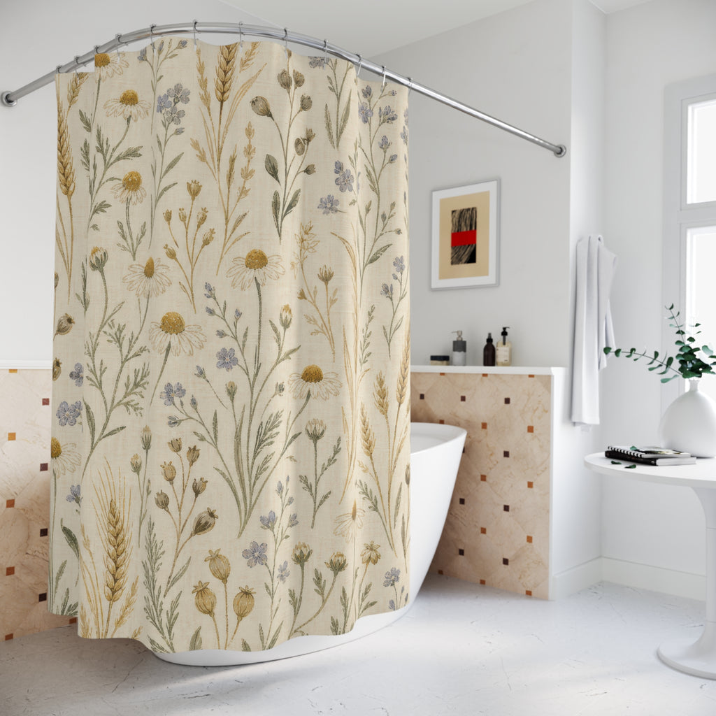 Farmhouse Shower Curtain, Rustic Botanical Bath Decor, Wheat Wildflower Pattern, Country Guest Bathroom Decor, Cream Meadow Style Decor