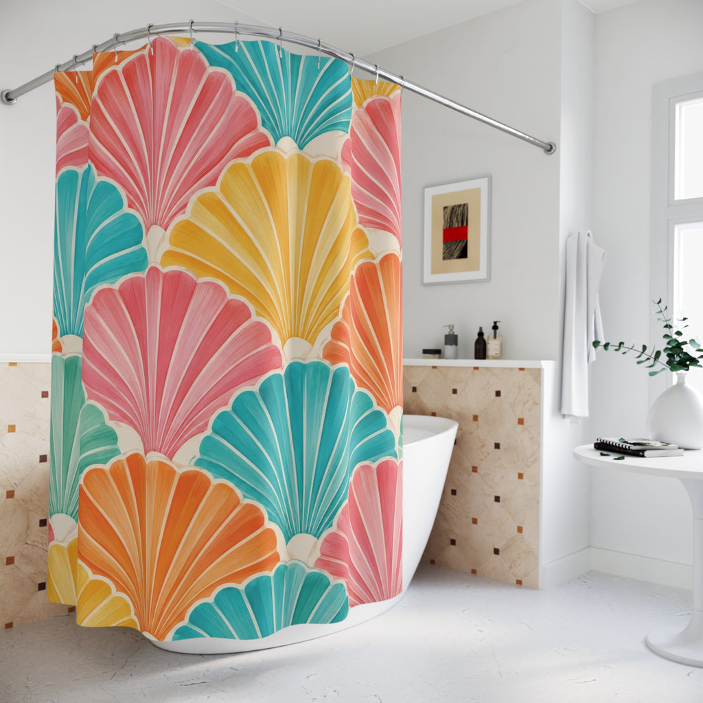 Pink, turquoise, orange and yellow scallop shells with cream ribs shower curtain beside a freestanding tub