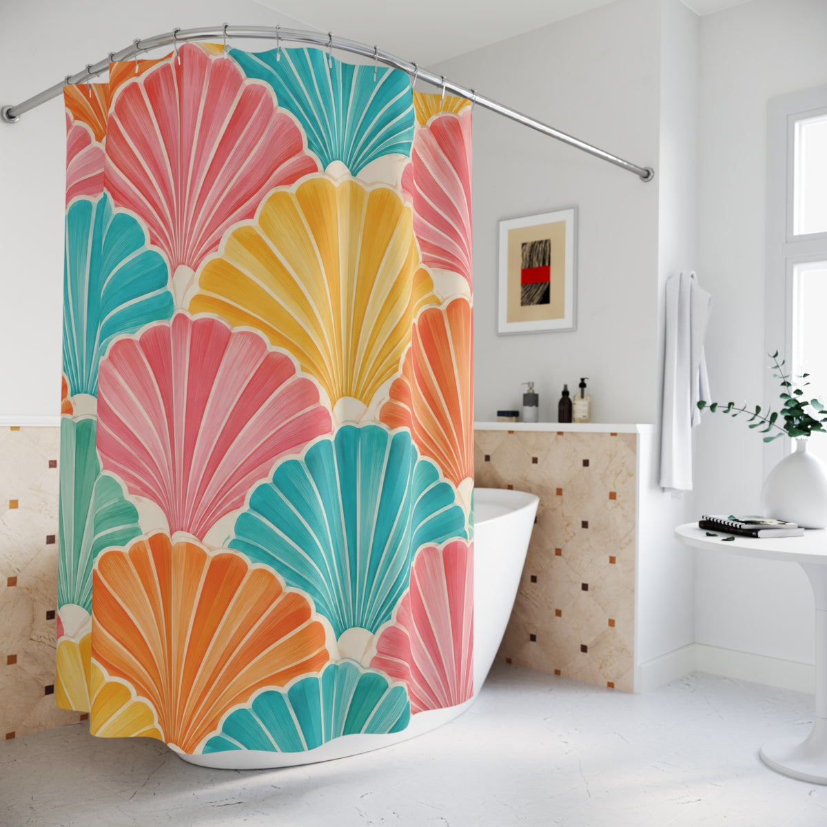 Pink, turquoise, orange and yellow scallop shells with cream ribs shower curtain beside a freestanding tub