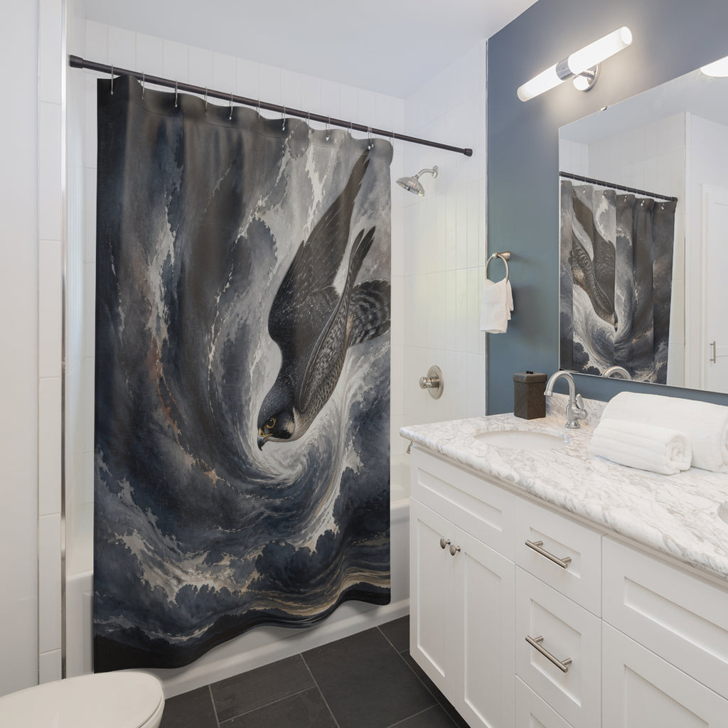 Diving falcon inside a charcoal and slate blue storm spiral shower curtain installed beside a white vanity