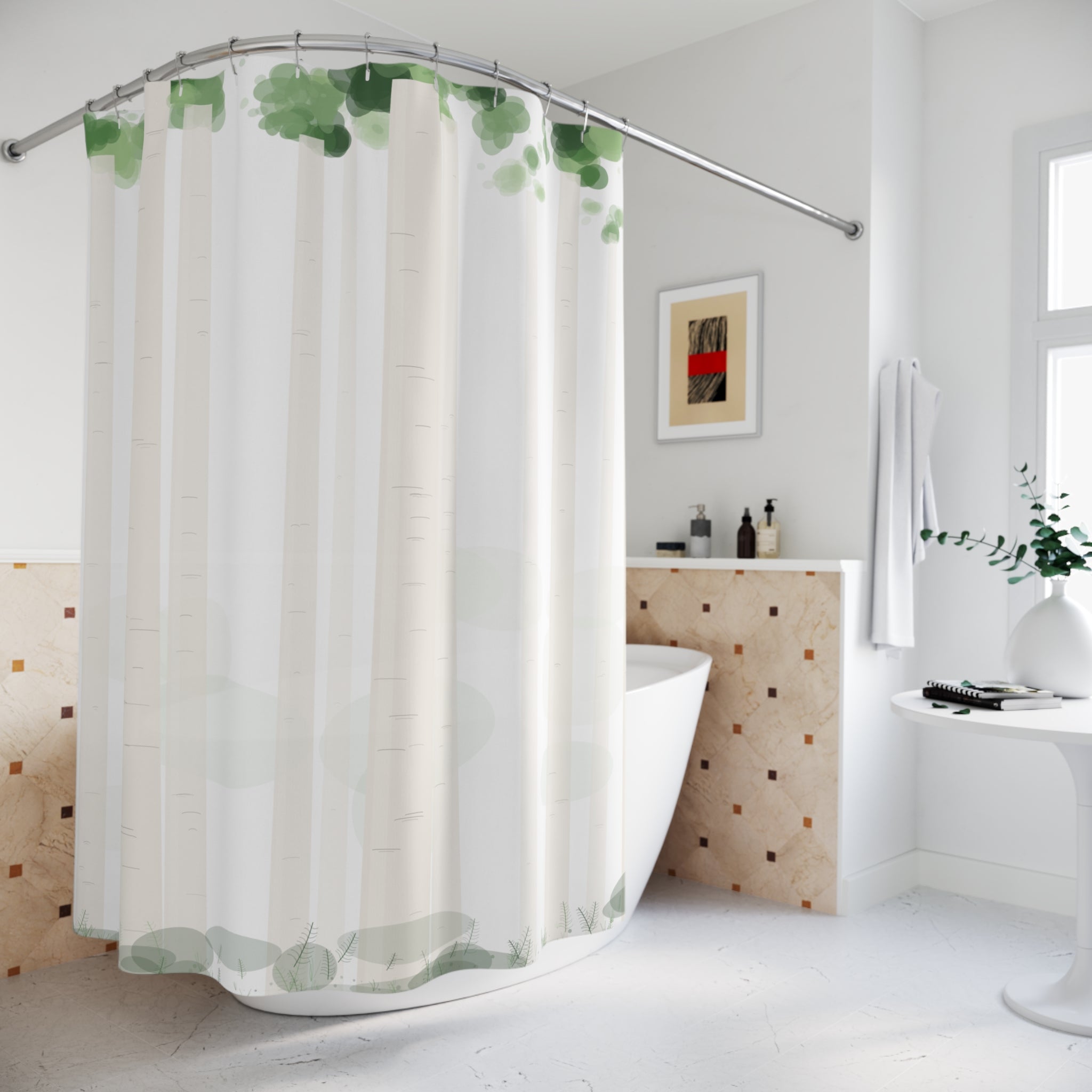Birch Tree Watercolor Shower Curtain – Green and White