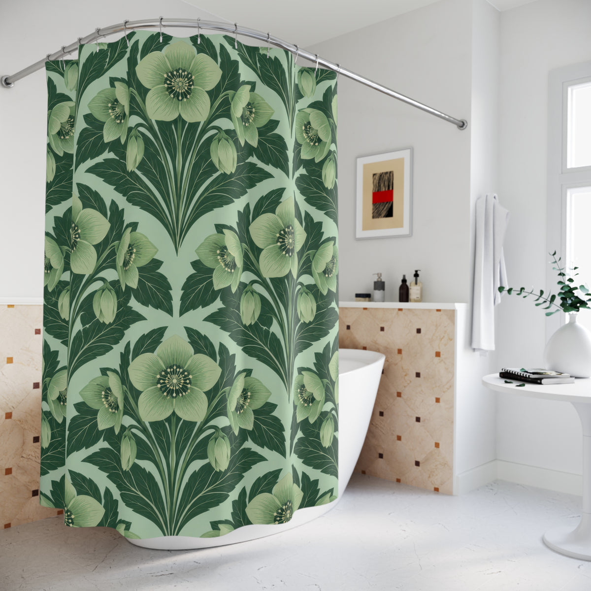 Celadon hellebores and forest-green leaves on mint shower curtain beside a freestanding tub