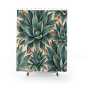 Blue green agave leaves in a geometric tile pattern shower curtain with full front view