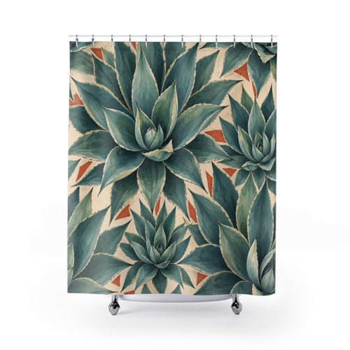 Blue green agave leaves in a geometric tile pattern shower curtain with full front view