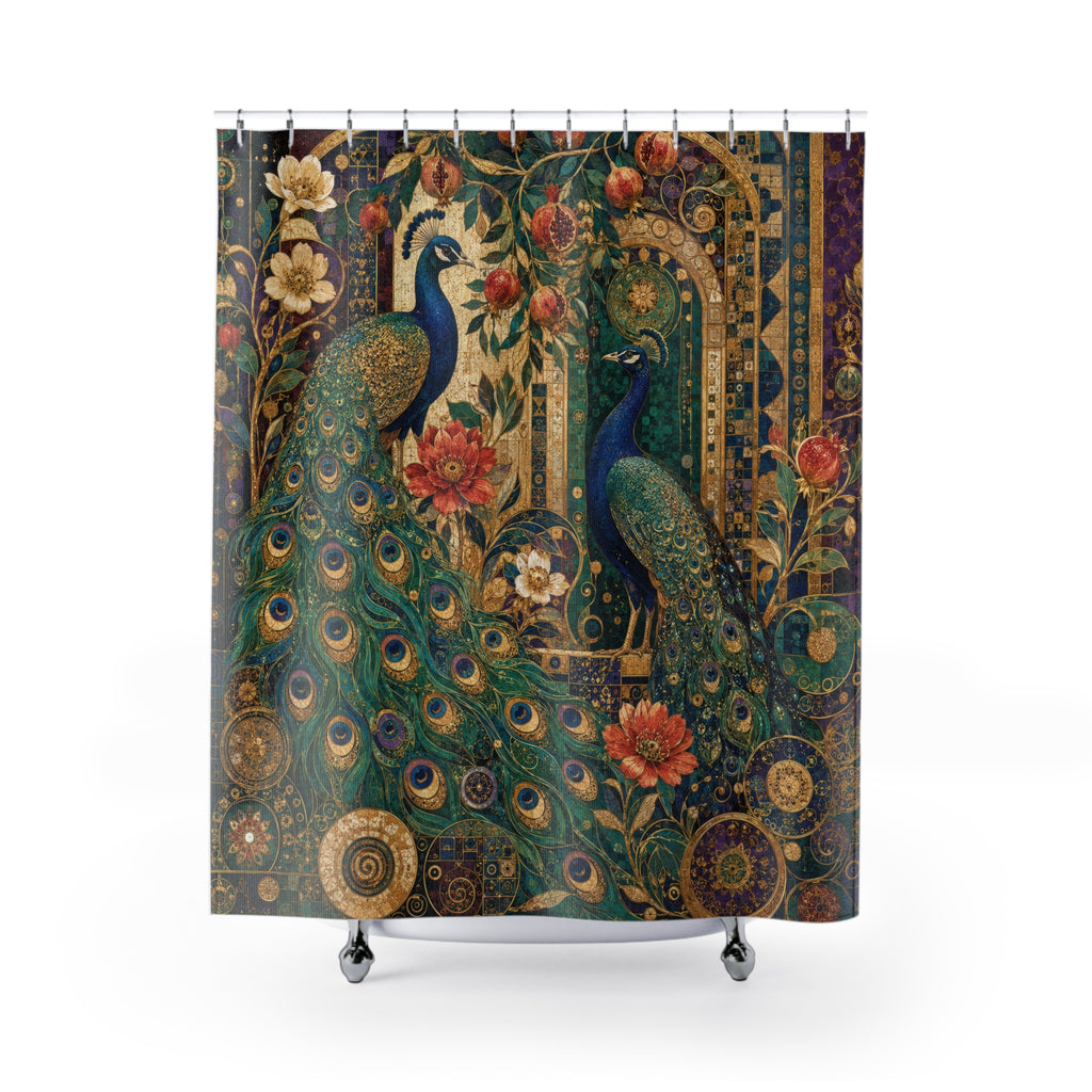 Klimt Inspired Peacock Shower Curtain: Teal Green Nouveau