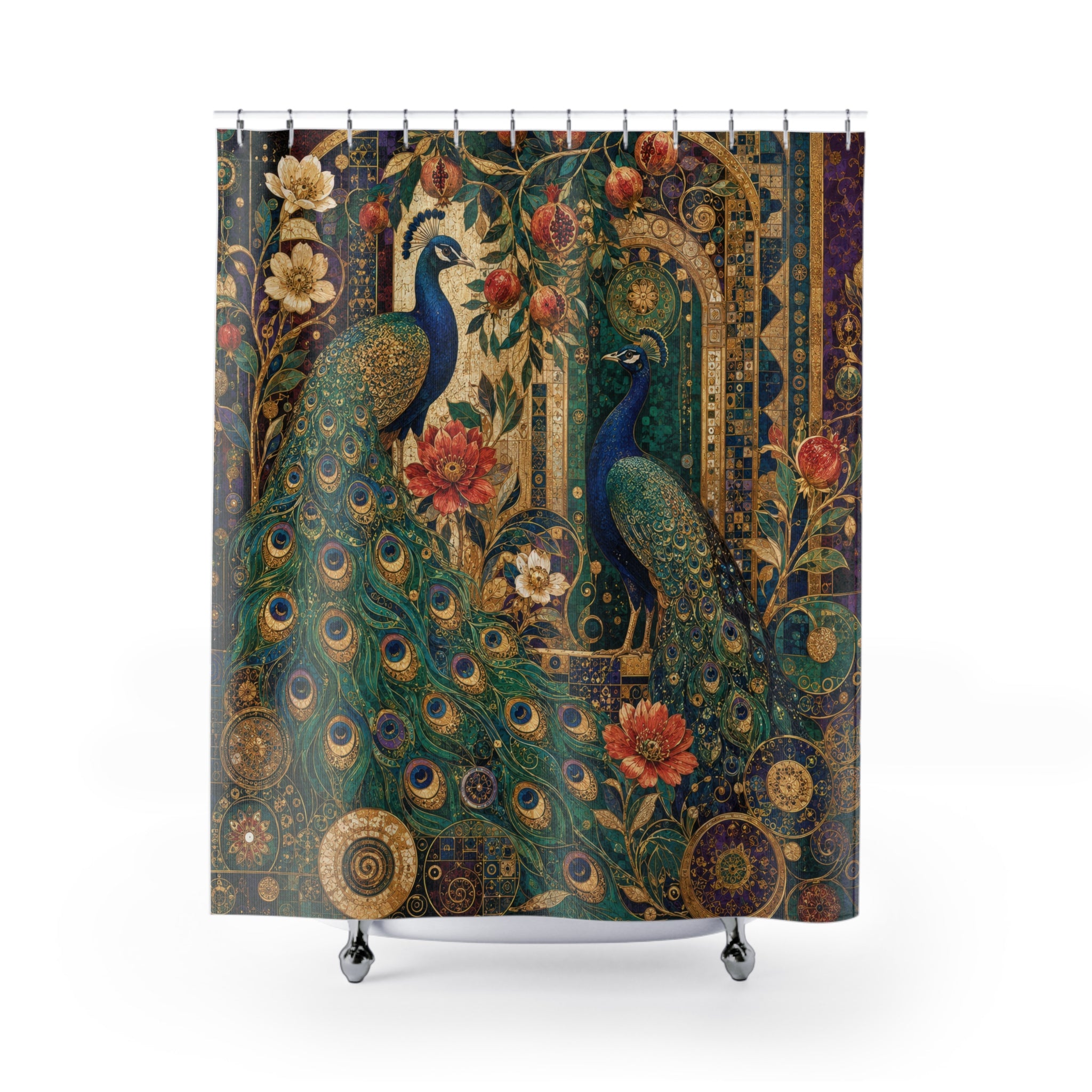 Klimt Inspired Peacock Shower Curtain: Teal Green Nouveau