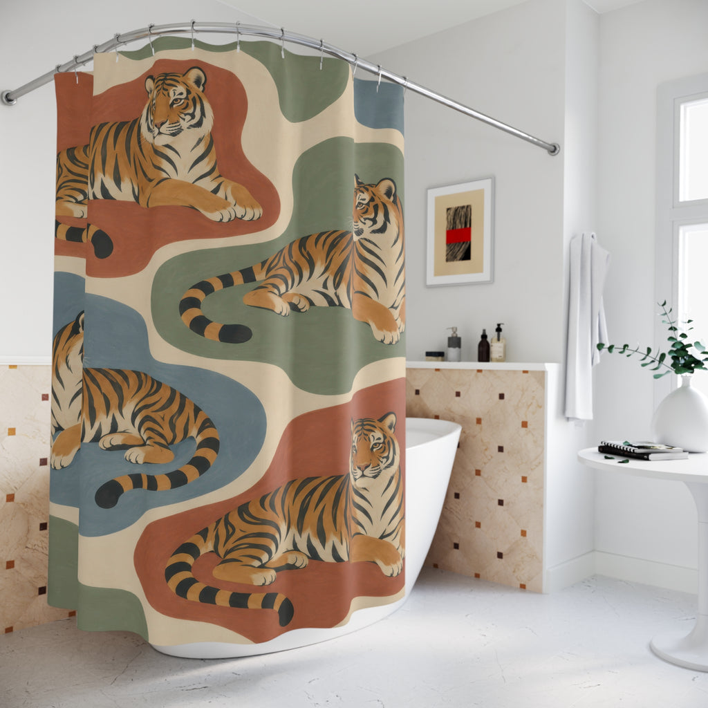 Ochre tigers on terracotta sage and dusty-blue shapes shower curtain beside a freestanding tub