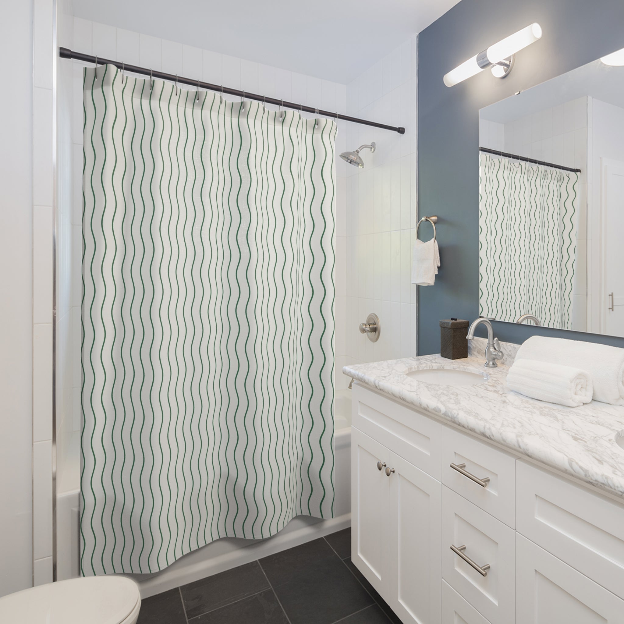 Green and White Wavy Stripe Shower Curtain