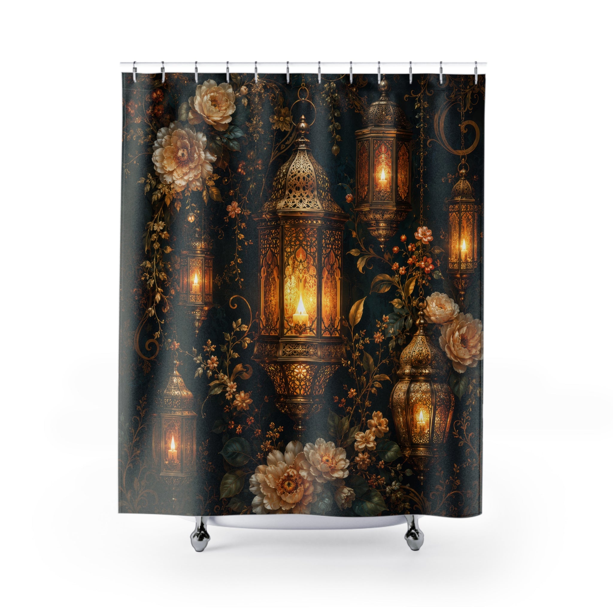 Lantern Shower Curtain: Gold Floral Dark Teal