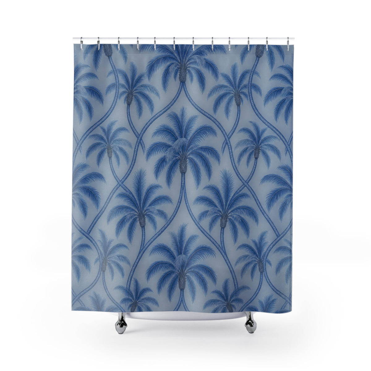 Blue palm trees with interlaced trunks on pale blue shower curtain with full front view
