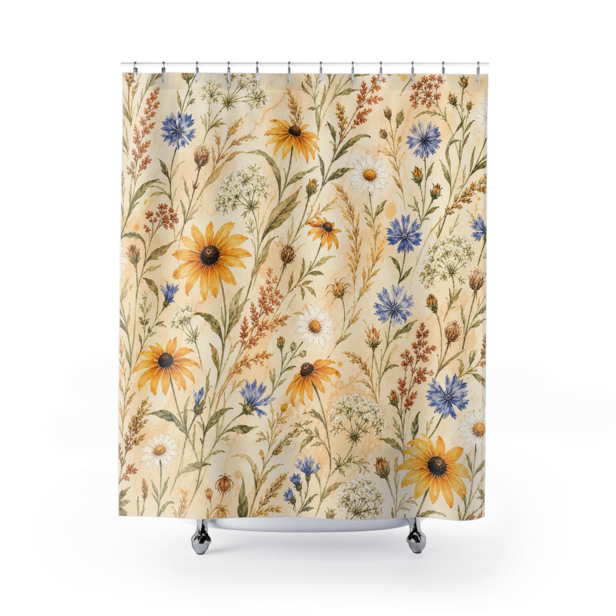 Golden Blue Wildflower Watercolor Shower Curtain