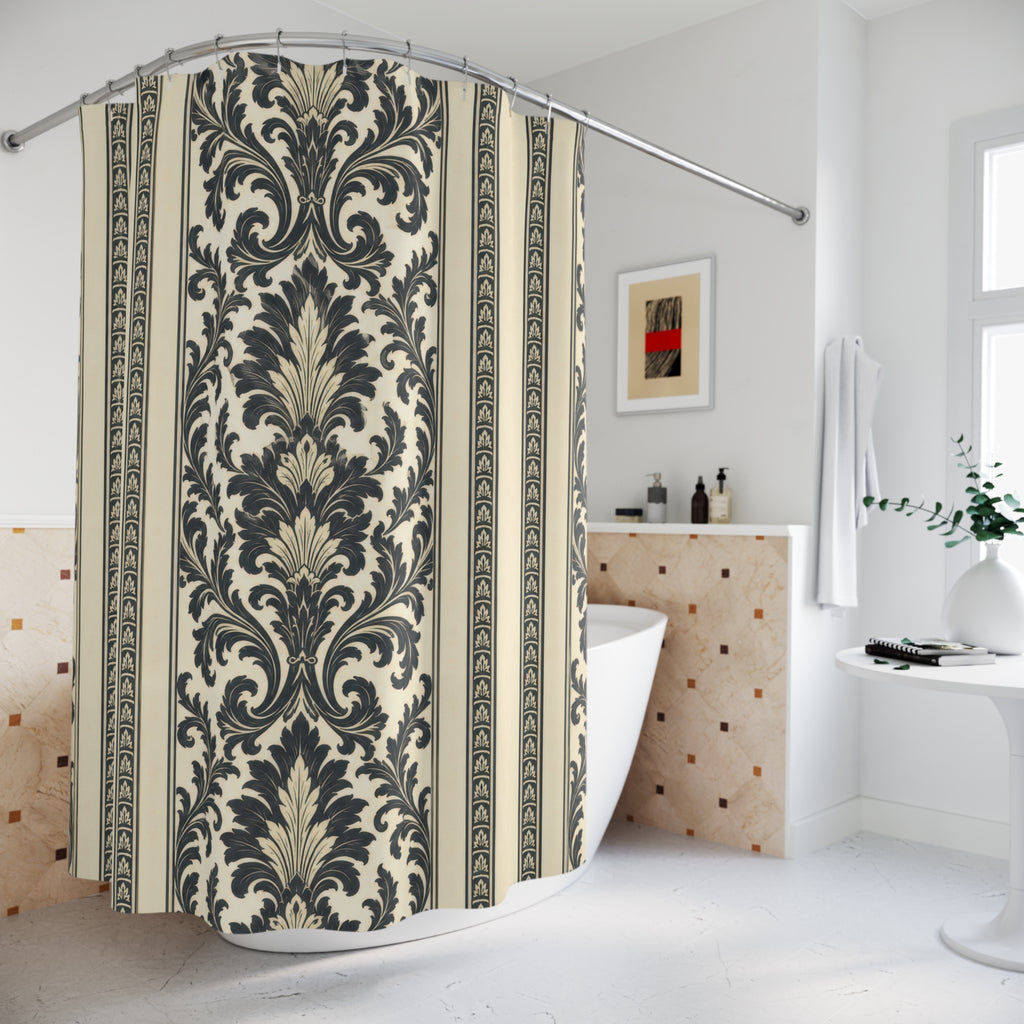 Charcoal Ivory Baroque Damask Shower Curtain