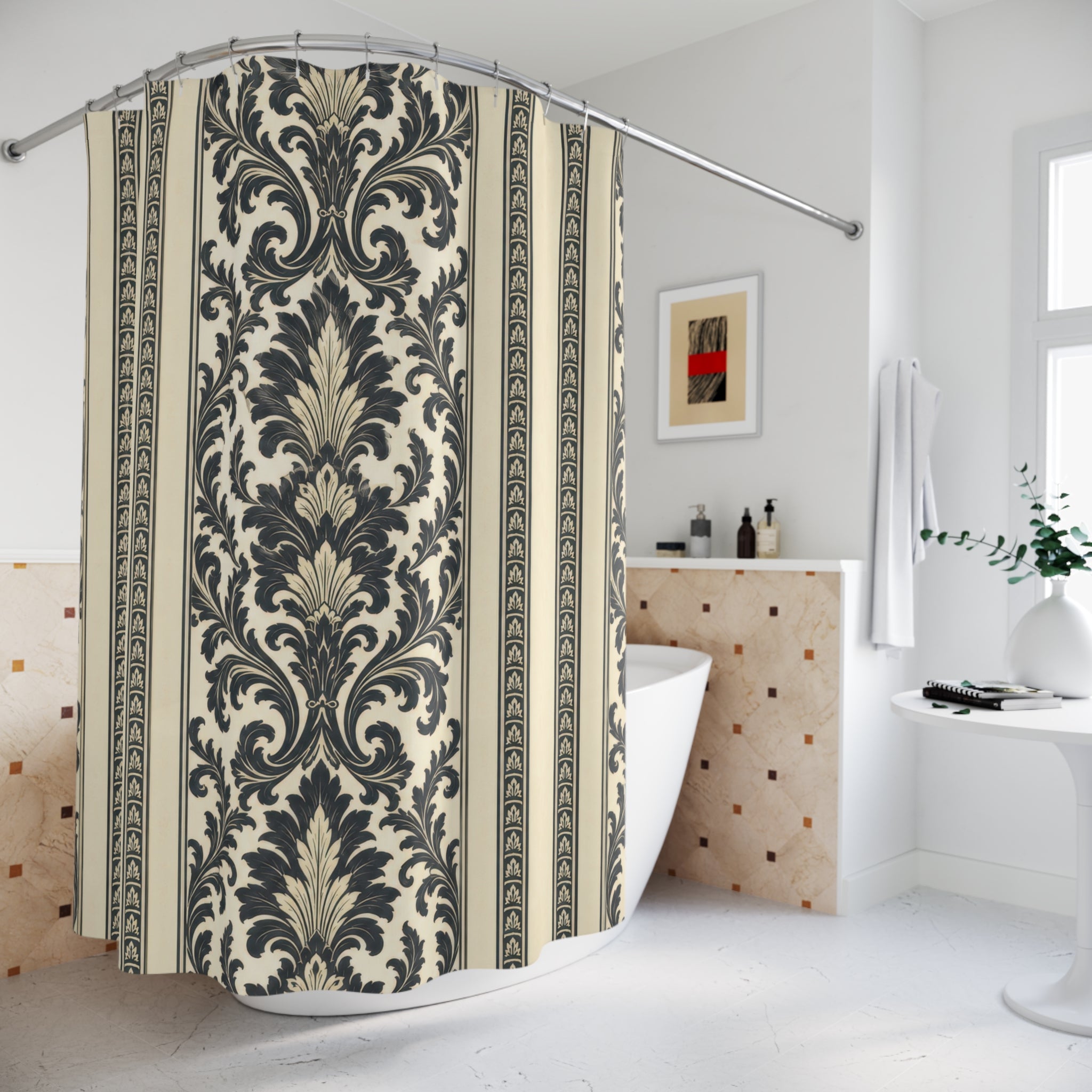 Charcoal Ivory Baroque Damask Shower Curtain