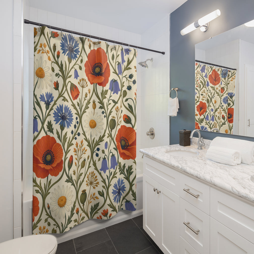 Folk wild flower pattern with poppies cornflowers and daisies shower curtain beside a white vanity