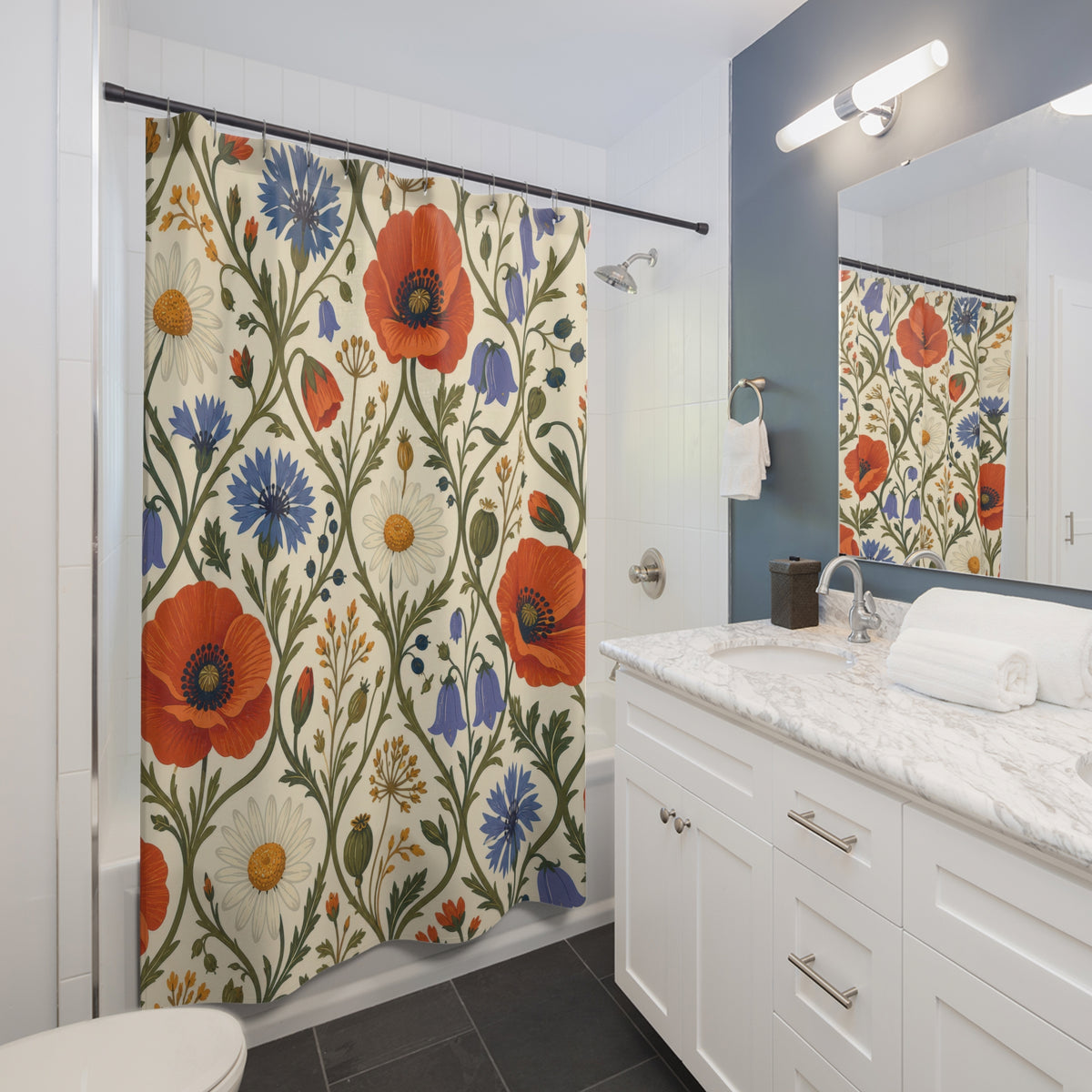 Folk wild flower pattern with poppies cornflowers and daisies shower curtain beside a white vanity