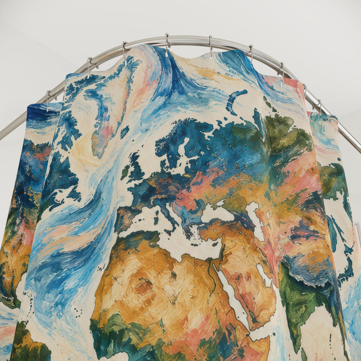 Colorful world map amid blue and coral ocean swirls shower curtain with close-up print, hooks, and folds