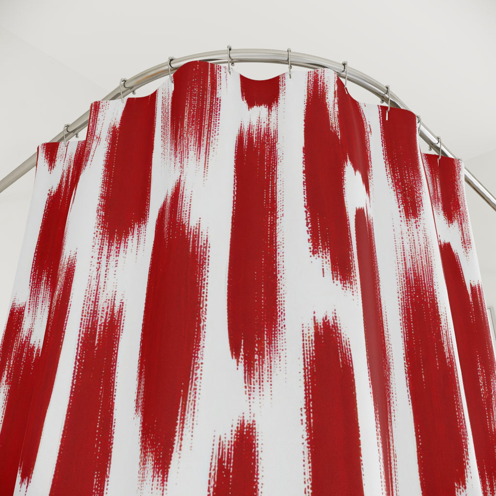 Red Ikat Shower Curtain, Blurred Stripe Pattern, Red White Bath Decor, Global Geometric Guest Bathroom Accent, Modern Relaxed Style