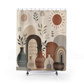 Neutral Boho Shower Curtain, Terracotta Arch and Clay Vessel Art
