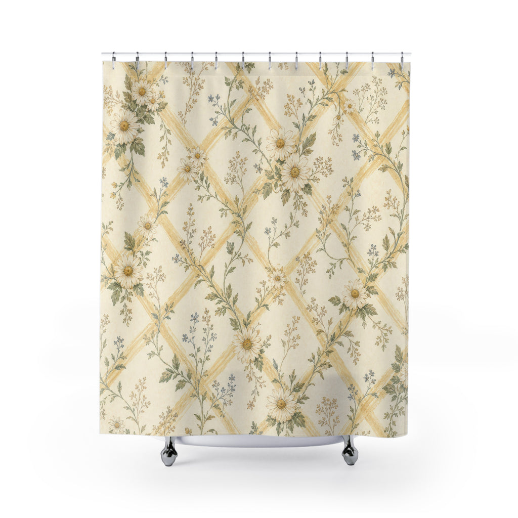 Yellow Floral Lattice Farmhouse Shower Curtain