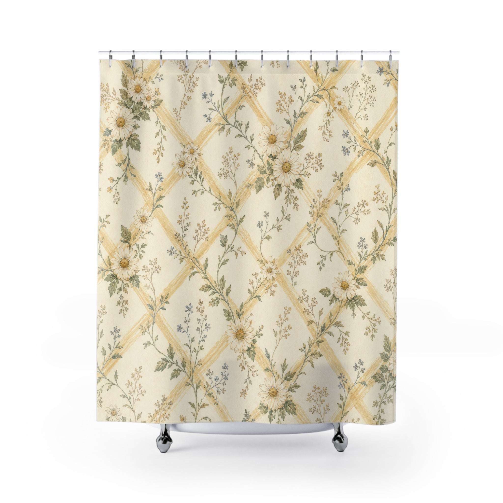 Yellow Floral Lattice Farmhouse Shower Curtain