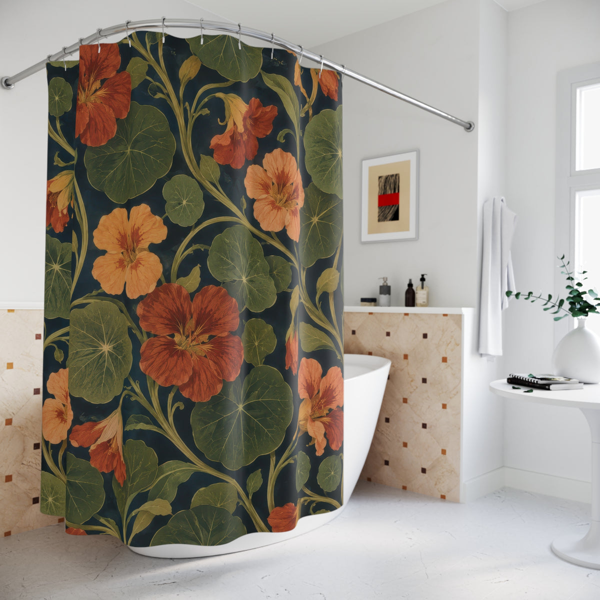 Rust nasturtiums and olive leaves on navy shower curtain beside a freestanding tub